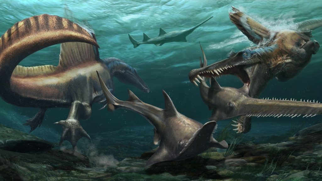 Dos Spinosaurus aegyptiacus cazan al pez sierra prehistórico Onchopristis en las aguas de un sistema fluvial ...