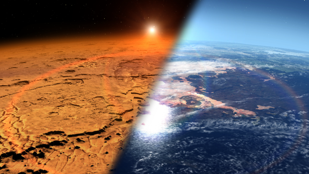 lustración del frío y seco entorno marciano actual (izquierda) frente al templado y húmedo paisaje del pasado (derecha). /NASA’s Goddard Space Flight Center
