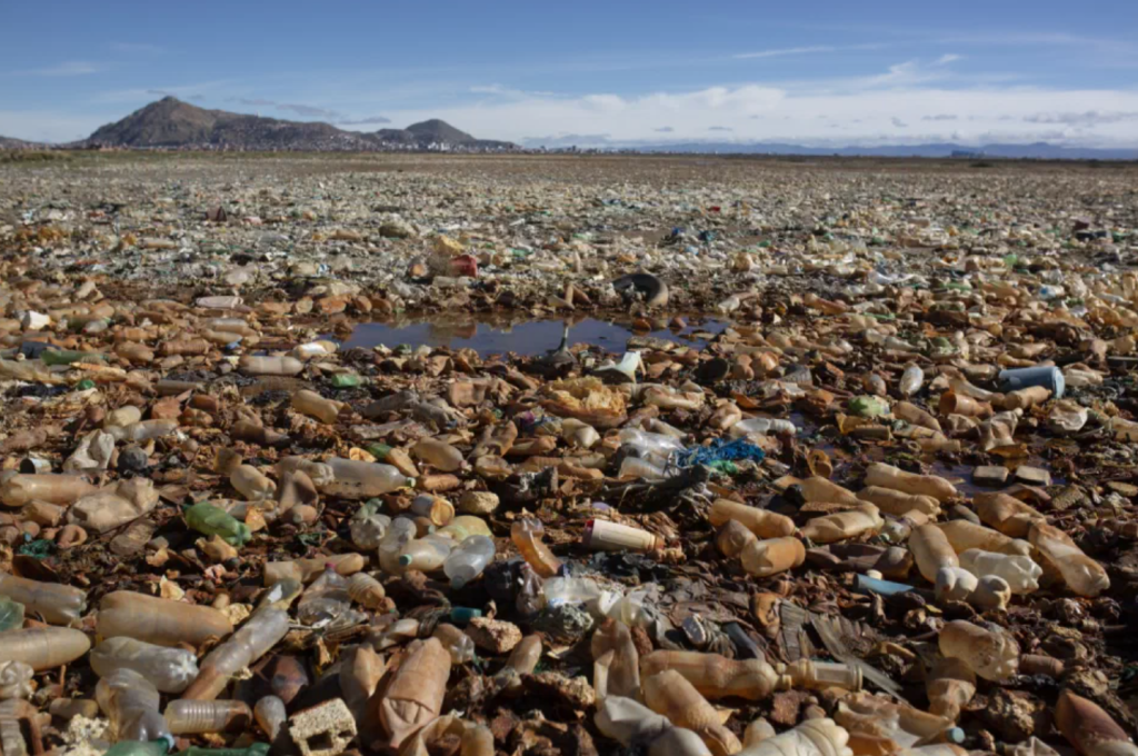 La contaminación del lago es preocupante porque aparte de la basura también desembocan aguas servidas —residuales— de la ciudad vecina de Oruro, deshechos de empresas mineras pequeñas y está siendo afectado por una fuerte sequía. (Photo by Gaston Br…