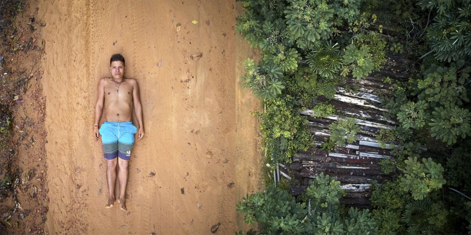 Izquierda. Ednei, un joven indígena, posa para un retrato sobre las impresiones de camiones de madera que cruzan la frontera de su territorio. Correcto. Restos de 26 árboles talados por tala ilegal en el Territorio Indígena de Maró, incautados por e…