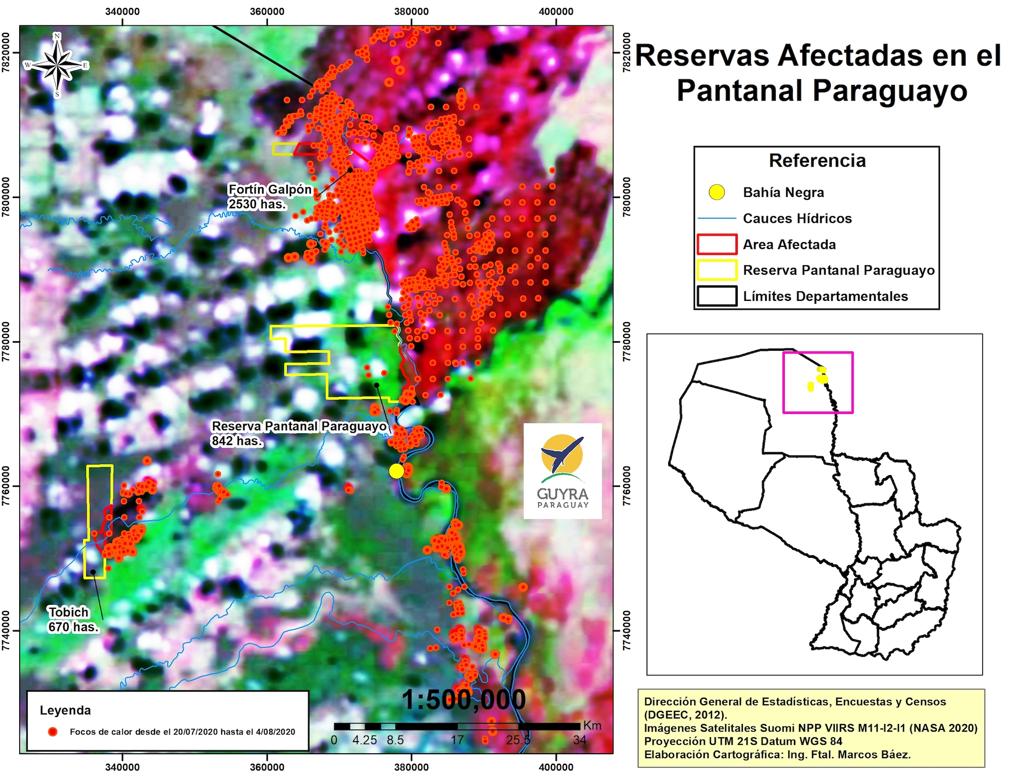 El mapa muestra las zonas afectadas por los incendios forestales en el pantanal paraguayo. Foto: Guyra Paraguay.