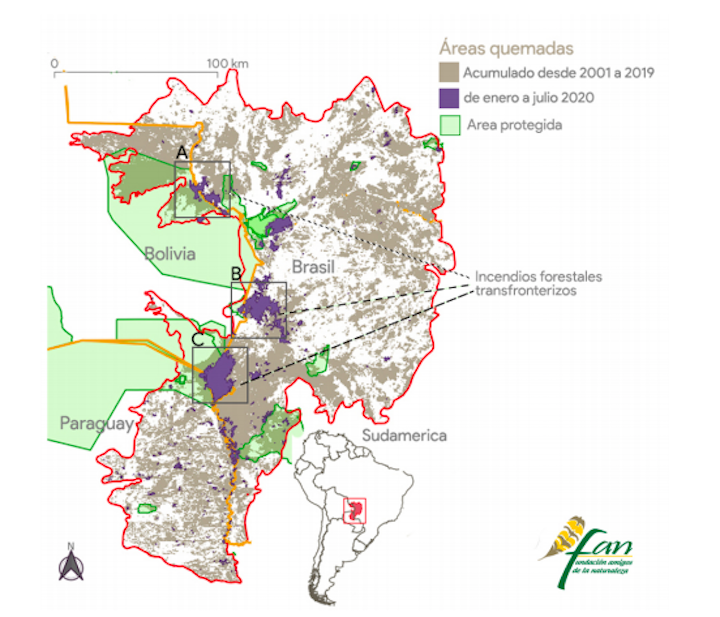Mapa de los incendios en el pantanal de Brasil, Bolivia y Paraguay en los últimos 19 años. Imagen: FAN Bolivia.