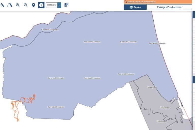 Cultivos de piña alrededor y dentro del Refugio de Vida Silvestre Barra del Colorado en 2019. Información del Sistema Nacional de Información Territorial (SNIT).